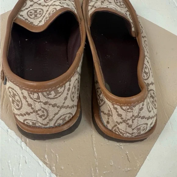 Tory Burch Beige and Tan Logo Canvas Slip-On Loafers - Picture 4 of 4